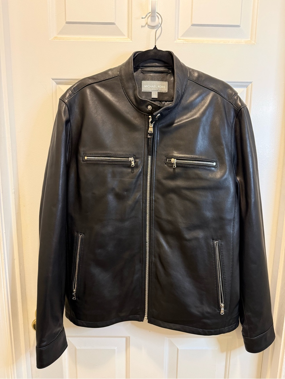 Michael Kors Black Leather Bomber Jacket with Silver Zippers